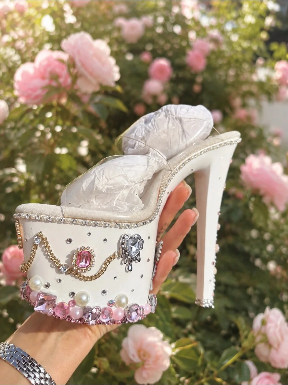White Jeweled Platform Heels with Pink Crystal Accents
